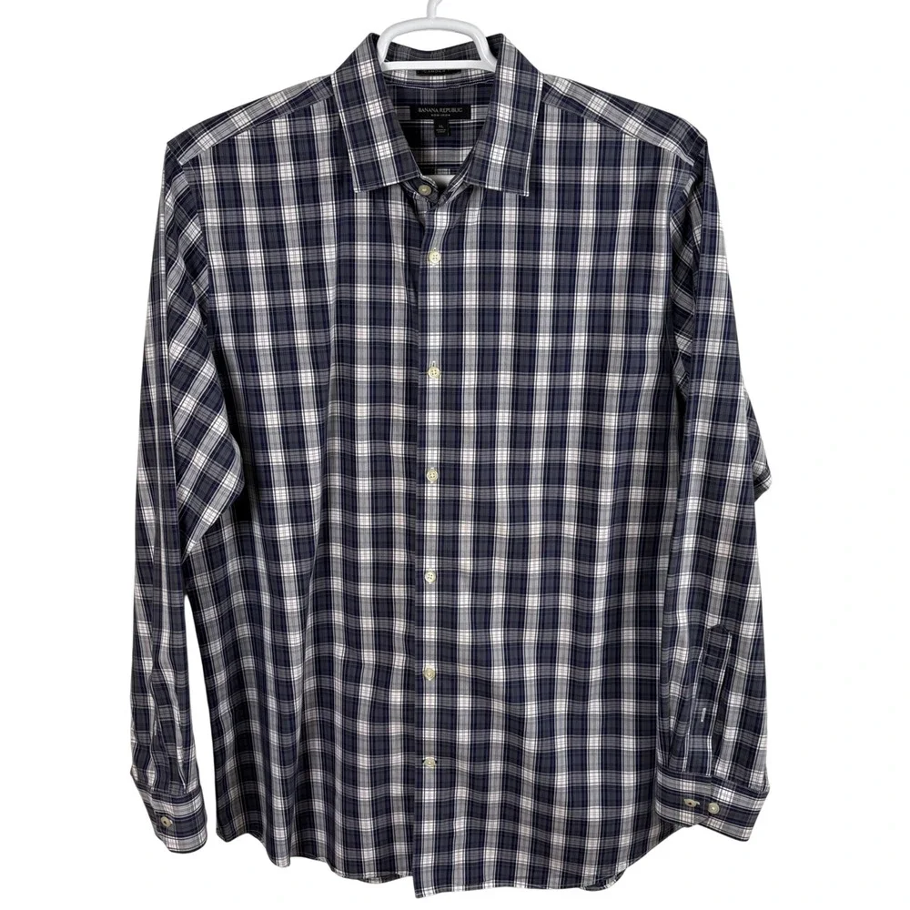 Banana Republic Button Down Shirt Men's XL Navy Plaid Camden Non-Iron Preppy